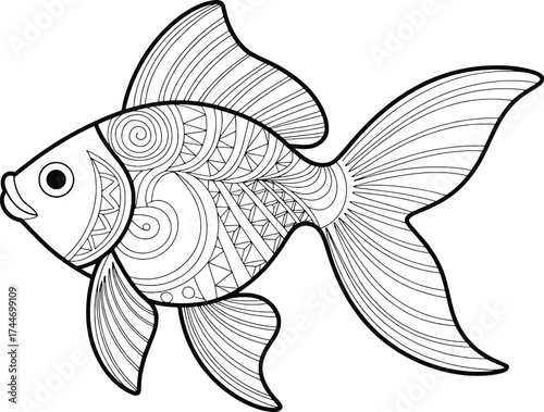 Intricate black and white goldfish line art detailed mandala patterns