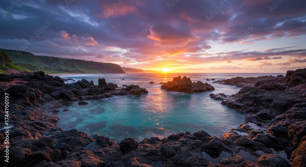 Obraz premium Dramatic sunset over ocean with rocky coastline and vibrant colors