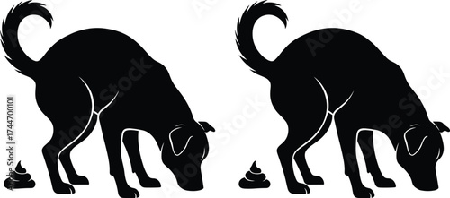 Dog silhouette sniffing feces, pet hygiene awareness, animal behavior concept, sanitation icon, minimal vector illustration, black shape, white background, isolated graphic