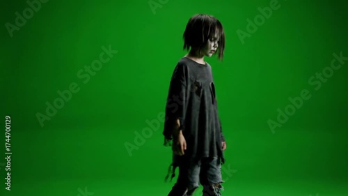 Creepy Child Standing Alone on Green Screen Background