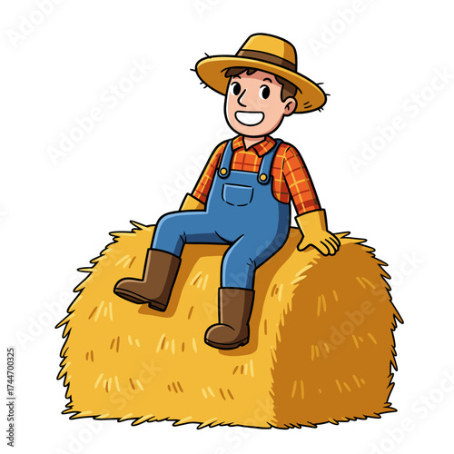 Smiling cartoon farmer sitting on a hay bale, wearing a straw hat, red plaid shirt, blue overalls, yellow gloves, and brown boots, set against a clean white background.