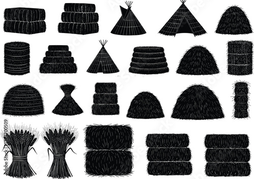 Haystack silhouette collection, straw bundle vector set, rural farm storage illustration, black agricultural shapes, traditional harvest icon, countryside graphic elements