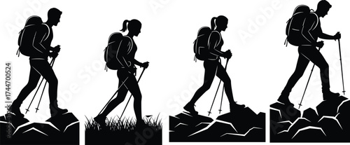Hiking silhouette vector set, backpacker icons with trekking poles, outdoor adventure illustrations, rocky terrain poses, black graphic design for nature themesv