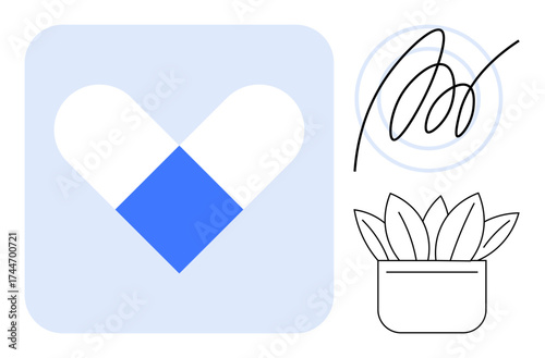 Geometric heart in blue and white, abstract spiral lines, and a lined succulent in pot. Ideal for health, wellness, calmness, relationships, minimalism design simplicity. Clean and simple flat