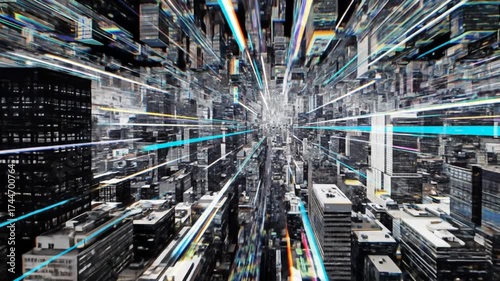 Futuristic cityscape with light trails and dynamic perspective representing digital speed