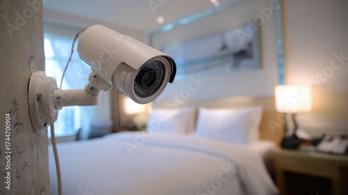 Security camera mounted in hotel room with modern decor and soft lighting, enhancing safety and privacy for guests