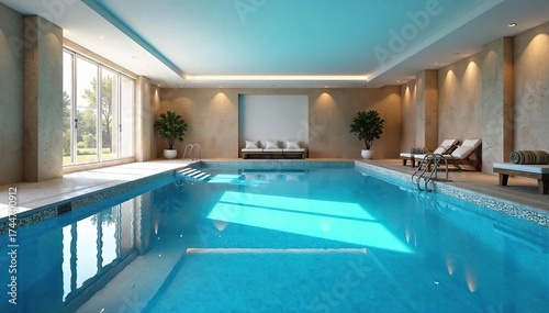 Sparkling Blue Indoor Swimming Pool Clean, Inviting, Perfect for Relaxation and Aquatic Fitness