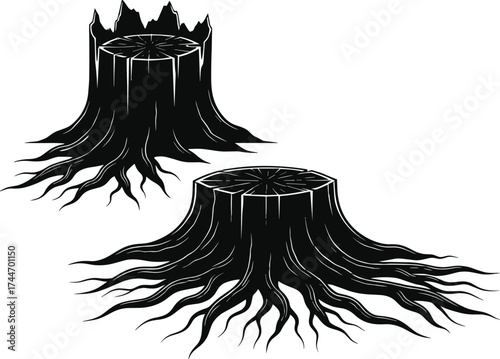 Tree stump vector, exposed roots silhouette, broken trunk illustration, dramatic wood texture, forest decay concept, nature art, environmental impact, stylized stump design