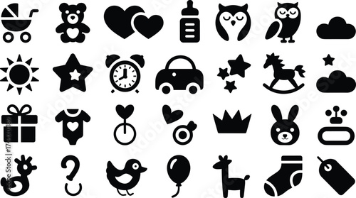 Assorted icons for babies, children, and holidays baby love