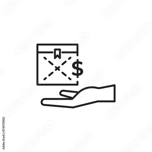 Hand holding gift box with dollar sign line icon representing cashback, reward, bonus, promotion, and discount. Perfect for finance, business, e-commerce, payment, and marketing vector illustration.