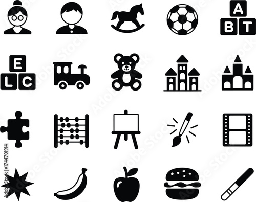 Assortment of educational and play-related icons in silhouette girl icon boy icon
