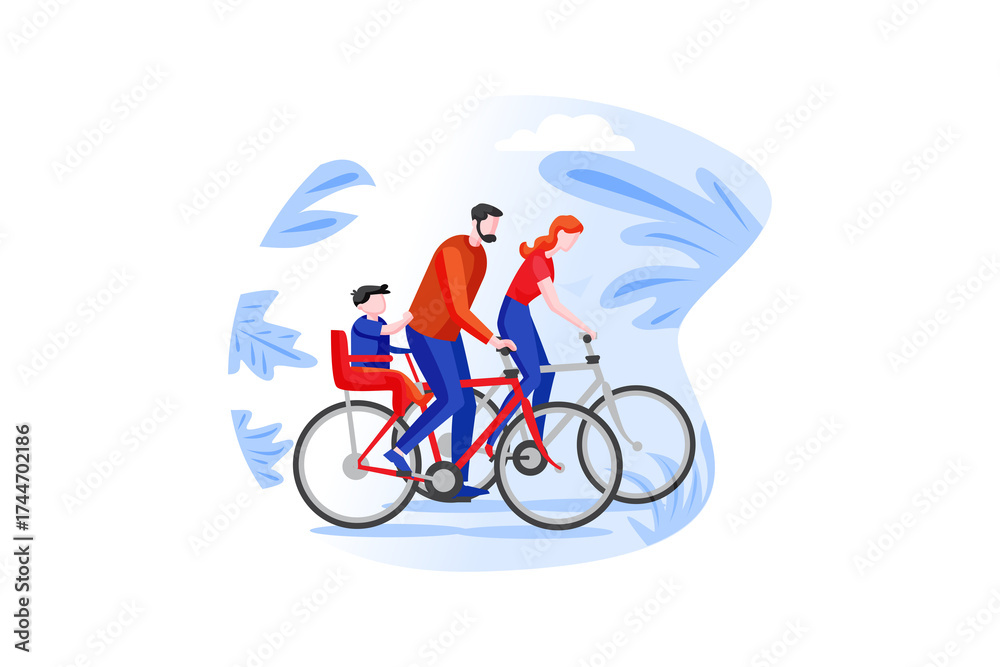 Fototapeta premium Family Biking Together With Child on Bicycle Seat in Red and Blue on Transparent Background Illustration