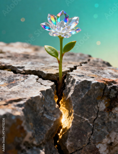 Hope Blossoms: Crystal Flower Emerging from Cracked Rock
