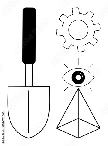 Trowel, gear, eye with rays, and pyramid illustration. Ideal for construction, innovation, vision, exploration progress creativity abstract thought. Bold simple flat metaphor