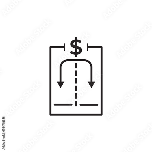 Dollar split line icon illustrating financial distribution, cost division, and money allocation. Ideal for accounting, investment, business, banking, and economic process infographic designs.