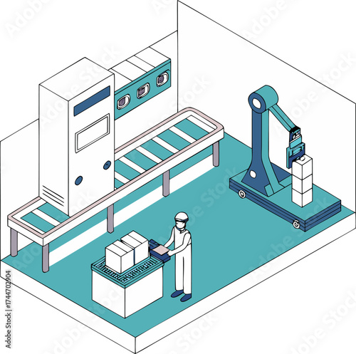 High-tech lithium-ion EV battery production plant, AI robotic arms working on conveyor line, isometric isolated vector.