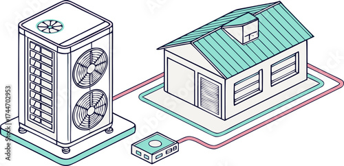 Air conditioner working diagram flat design showing home layout, indoor unit, and outdoor compressor, isolated vector illustration.