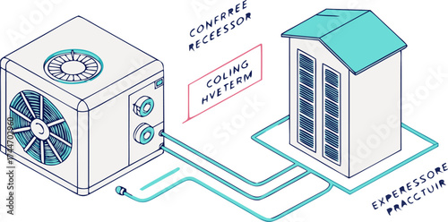 Home air conditioning layout in flat design showing outdoor compressor and indoor unit connection, isolated vector diagram.