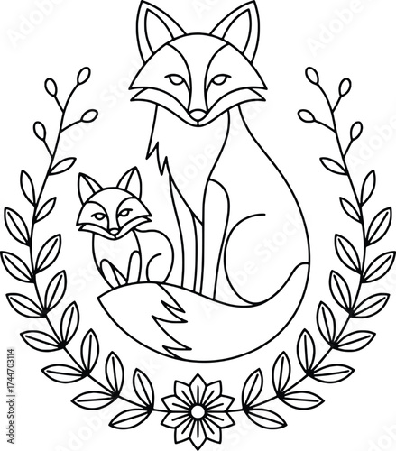 Charming line art design of two foxes embraced by floral wreath