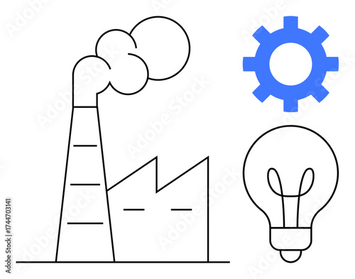 Factory with smokestack emitting smoke, blue gear, and light bulb symbolizing industrial production, innovation, energy, and manufacturing. Ideal for technology, energy, sustainability creativity