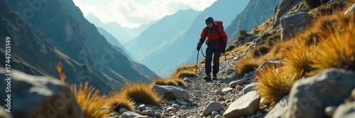 Adventurous Explorer Navigating Rugged Terrain in Protective Gear A Focus on Obstacle Overcoming and Ground Detail