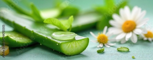 Fresh Organic Skincare Ingredients Aloe Vera, Cucumber, Chamomile for DIY Beauty Recipes and Natural Cosmetics