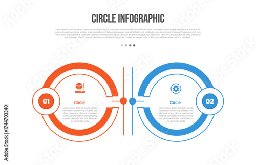 Circle base shape infographics template diagram with big circle opposite side by side with vertical line separator with 4 point step creative simple flat outline