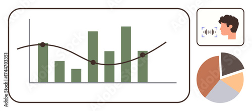 Bar graph with trend line, pie chart segmenting data, and face with voice recognition concept. Ideal for data analysis, business insights, research, technology trends, communication, artificial