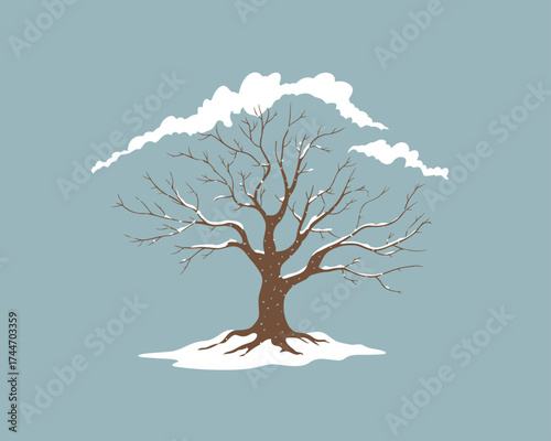 Winter Tree Illustration – Bare Tree with Snow on Branches, Cold Season Landscape Vector, Nature Art Design for Seasonal Background, Christmas, and Holiday Decoration