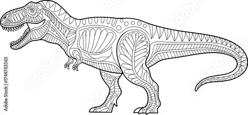 Detailed line art drawing of a tyrannosaurus rex dinosaur prehistoric creature