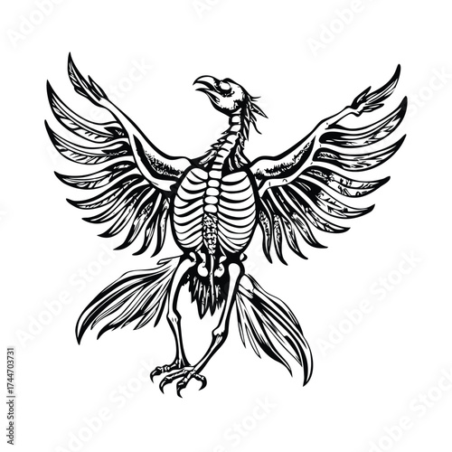 Monochrome Mythical Bird Anatomy: Phoenix Skeleton