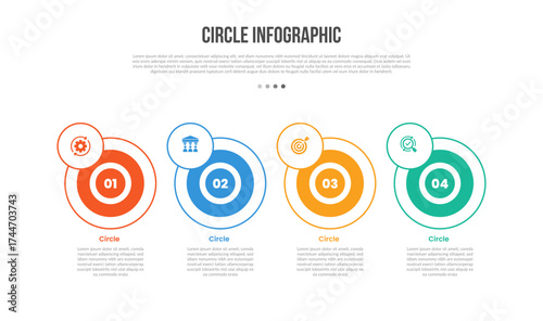 Circle base shape infographics template diagram with big circle target with small badge top side with 4 point step creative simple flat outline