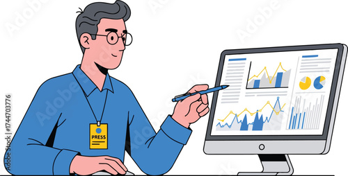 Modern professional analyzes business data visualizations on a computer screen, highlighting key insights with a stylus in a clean vector illustration
