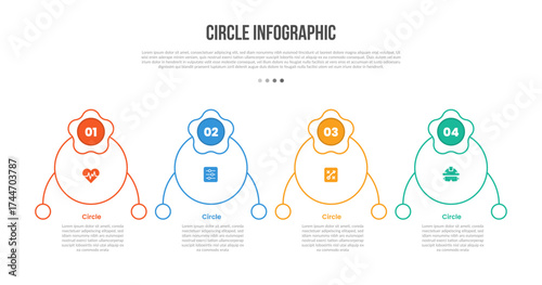 Circle base shape infographics template diagram with big circle and small footer and badge top with 4 point step creative simple flat outline
