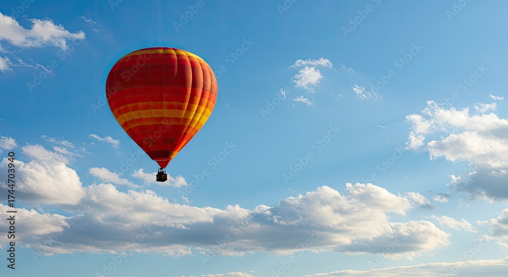 Fototapeta premium Hot air balloon soaring in bright blue sky with fluffy white clouds