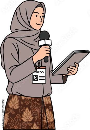 Cartoon illustration of a female reporter wearing a hijab, holding a microphone and a tablet, with a press badge visible.