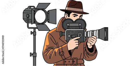 Detective Film Noir Style A Retro Filmmaker with a Vintage Camera in Action