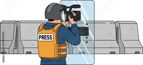 A journalist records with a video camera behind a protective shield near concrete barriers.