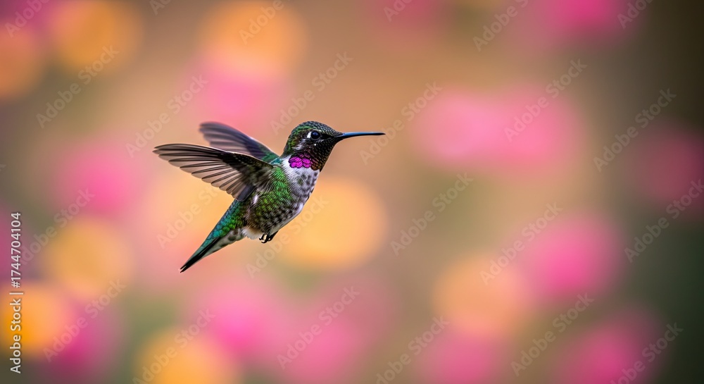 Fototapeta premium Hummingbird in flight against blurred floral background nature photography