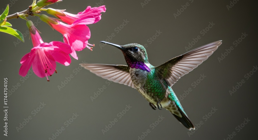 Fototapeta premium Hummingbird in flight near vibrant pink flowers against a blurred background