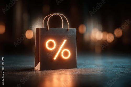 Stylish Shopping Bag with Percent Sign Glowing in Dark Background