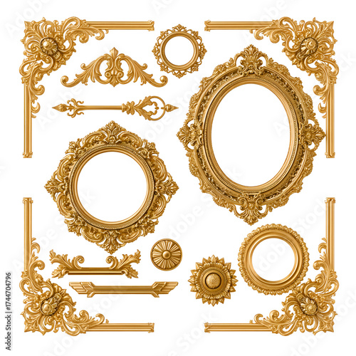 Collection of ornate gold baroque decorative elements and frames isolated on a transparent background