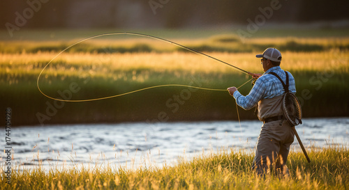 Fly fisherman casts his line on a golden riverbank at sunset, seeking the thrill of the catch.