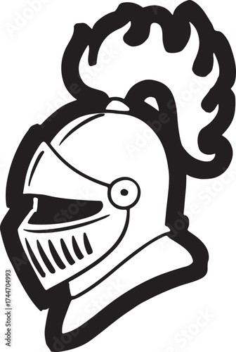 Stylized illustration of a medieval knight s helmet with a plume of flames or hair isolated on white background