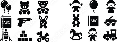 Collection of black silhouette icons of children's toys and characters Keywords: toy, toys, icon