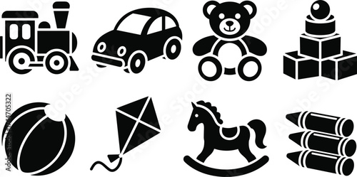 Collection of black toy icons on white background toys train