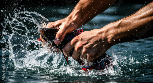 Muscular hands grasp a fish, creating a dynamic splash of water, showcasing the raw power of nature.