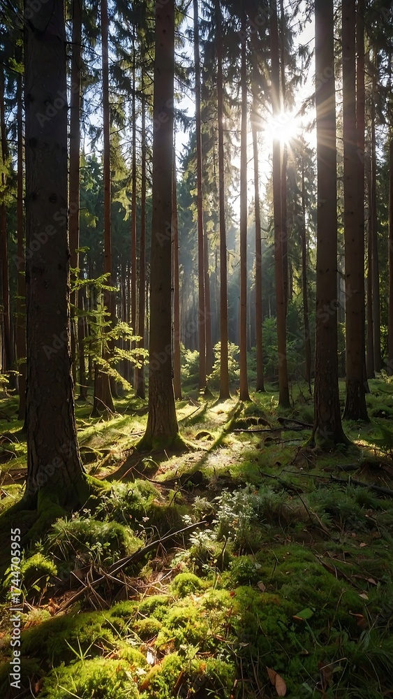 Naklejka premium Sunbeams in a dense forest