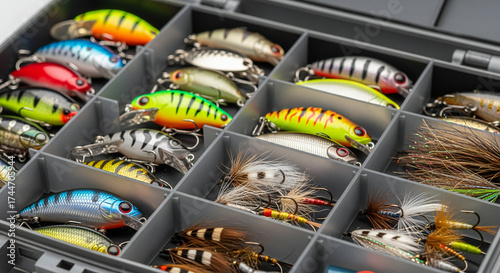 Organized tackle box with a variety of fishing lures including crankbaits and flies, ready for