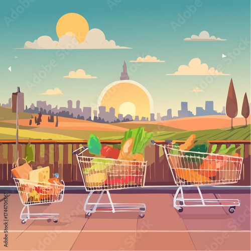 Shopping carts, paper bags, plastic and metal baskets from grocery store